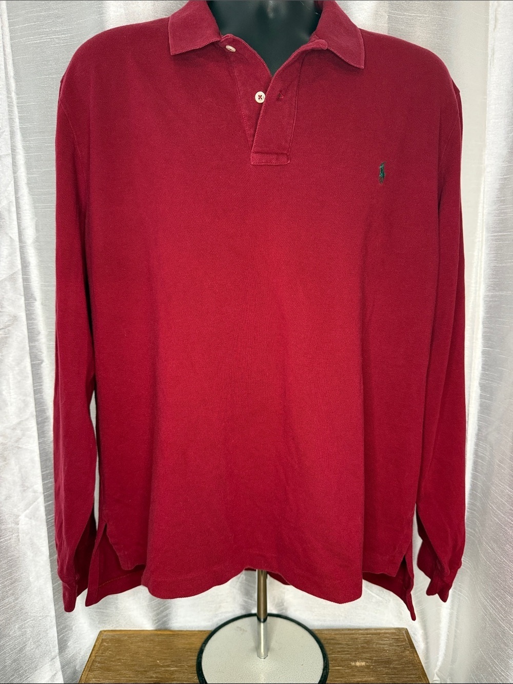 POLO Ralph Lauren Long Sleeve Dark Red Green Pony Cotton Mens L 2 Button Placket